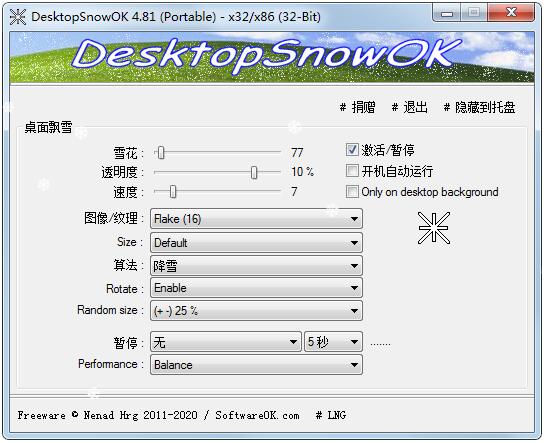 DesktopSnowOK多国语言绿色版(桌面雪花小程序)