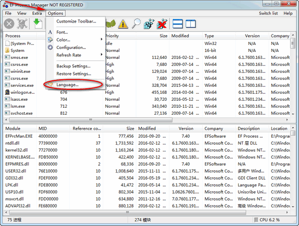 EF Process Manager多国语言绿色版(进程查看工具)